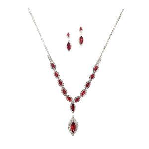 Tigerstars Glittering Red Oval Rhinestone Statement Necklace Earring Set